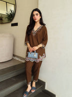 Elara French Crepe Embroidered Top Palazzo Co-Ord Set with Fully Stitched Pants