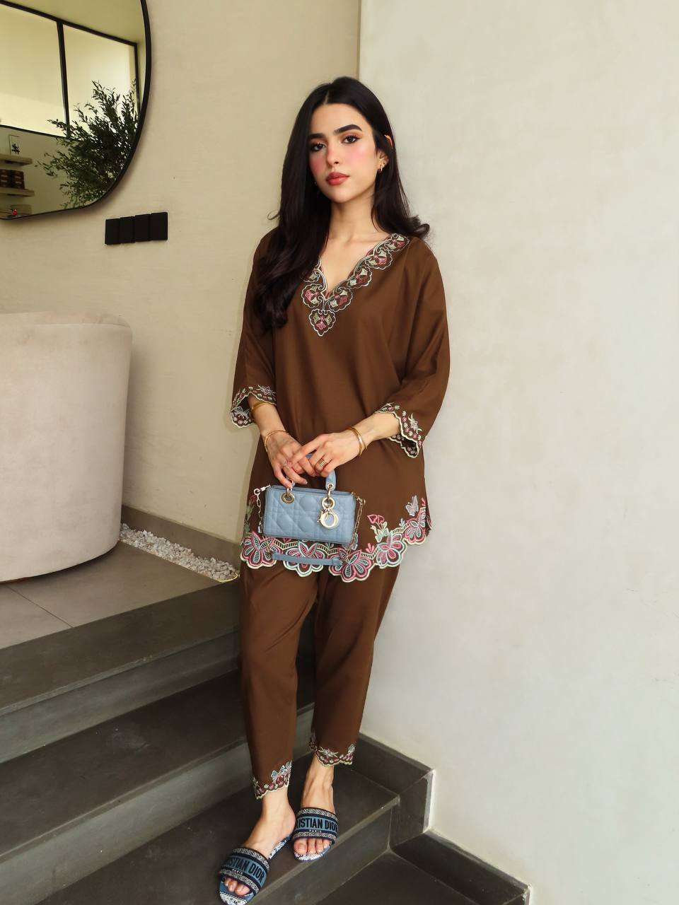 Elara French Crepe Embroidered Top Palazzo Co-Ord Set with Fully Stitched Pants