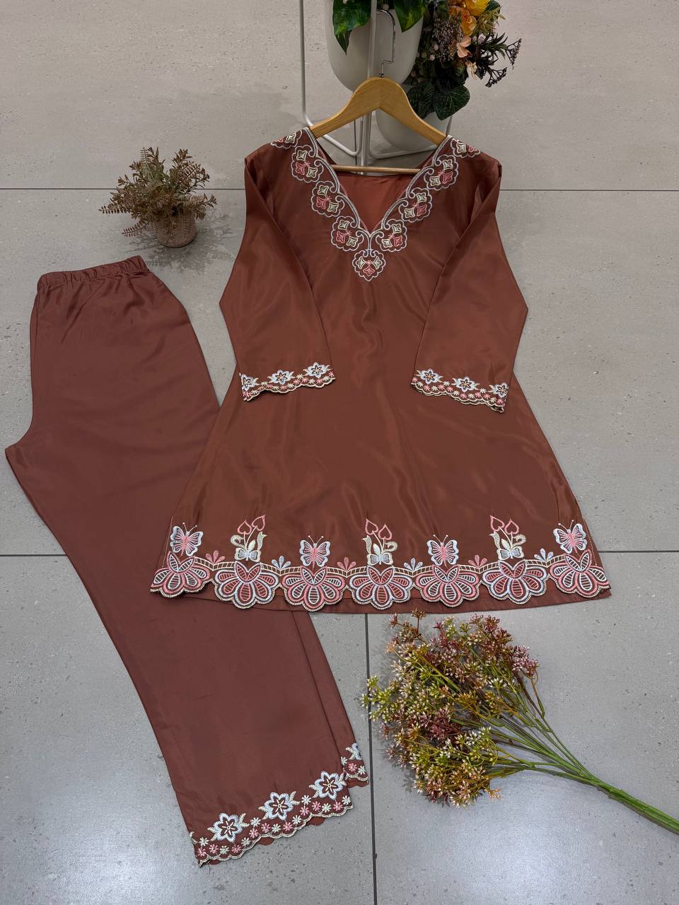Elara French Crepe Embroidered Top Palazzo Co-Ord Set with Fully Stitched Pants