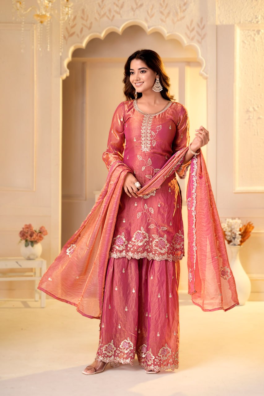 Zehra Fendy Silk Designer Sharara Suit with Multi Embroidery & Sequin Work, Fully Stitched Sharara and Matching Dupatta