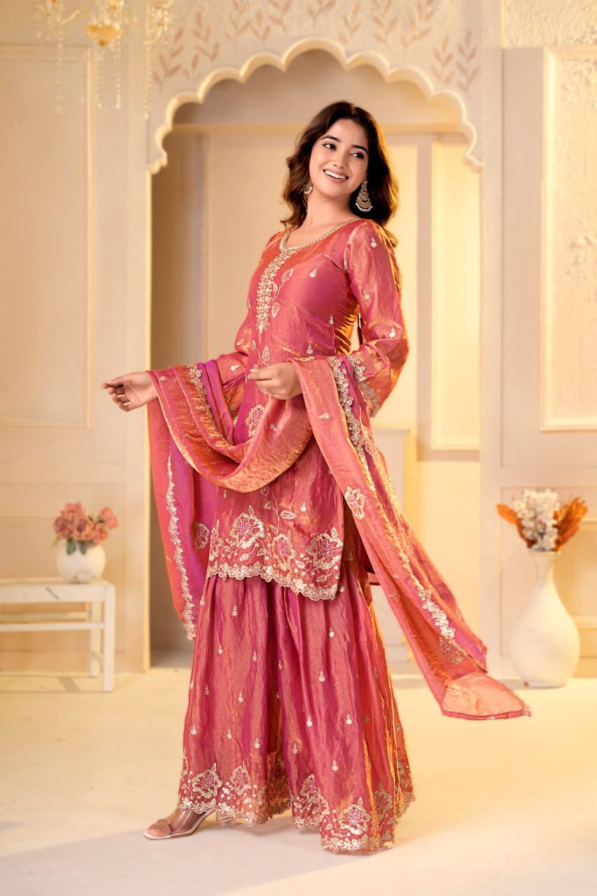 Zehra Fendy Silk Designer Sharara Suit with Multi Embroidery & Sequin Work, Fully Stitched Sharara and Matching Dupatta