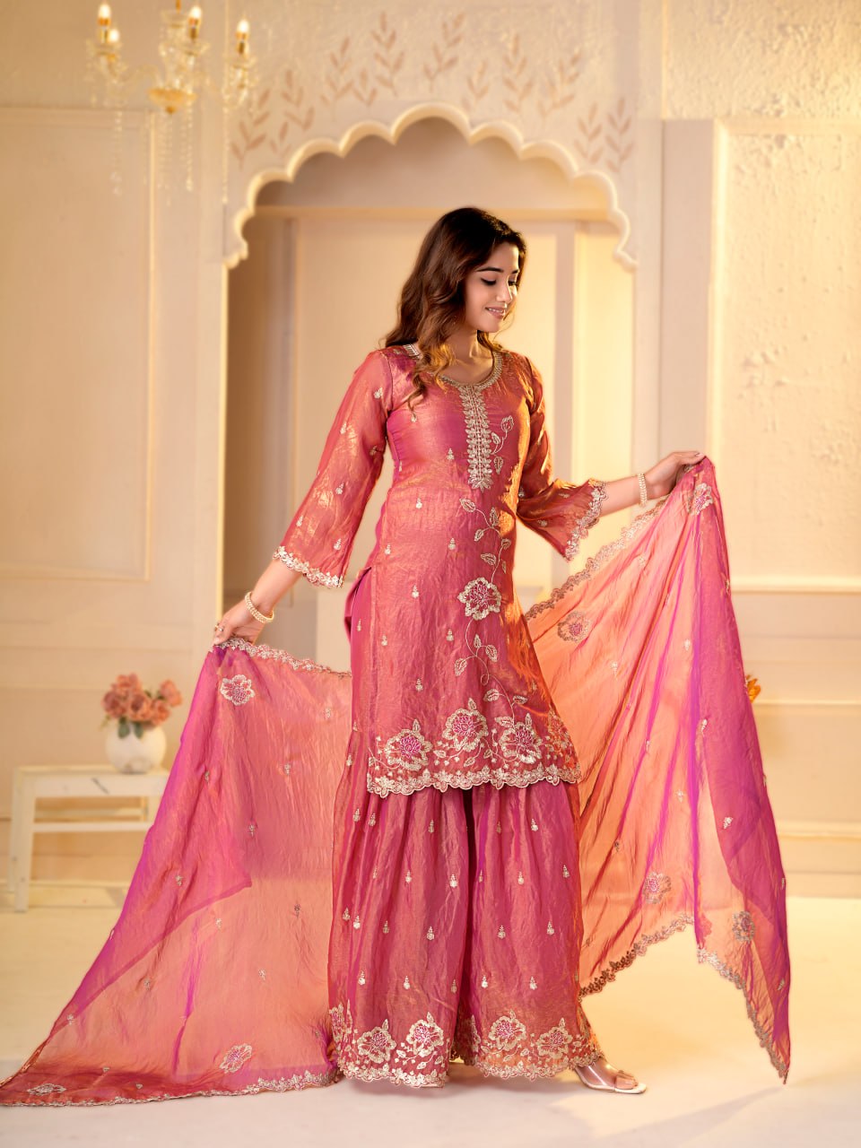 Zehra Fendy Silk Designer Sharara Suit with Multi Embroidery & Sequin Work, Fully Stitched Sharara and Matching Dupatta