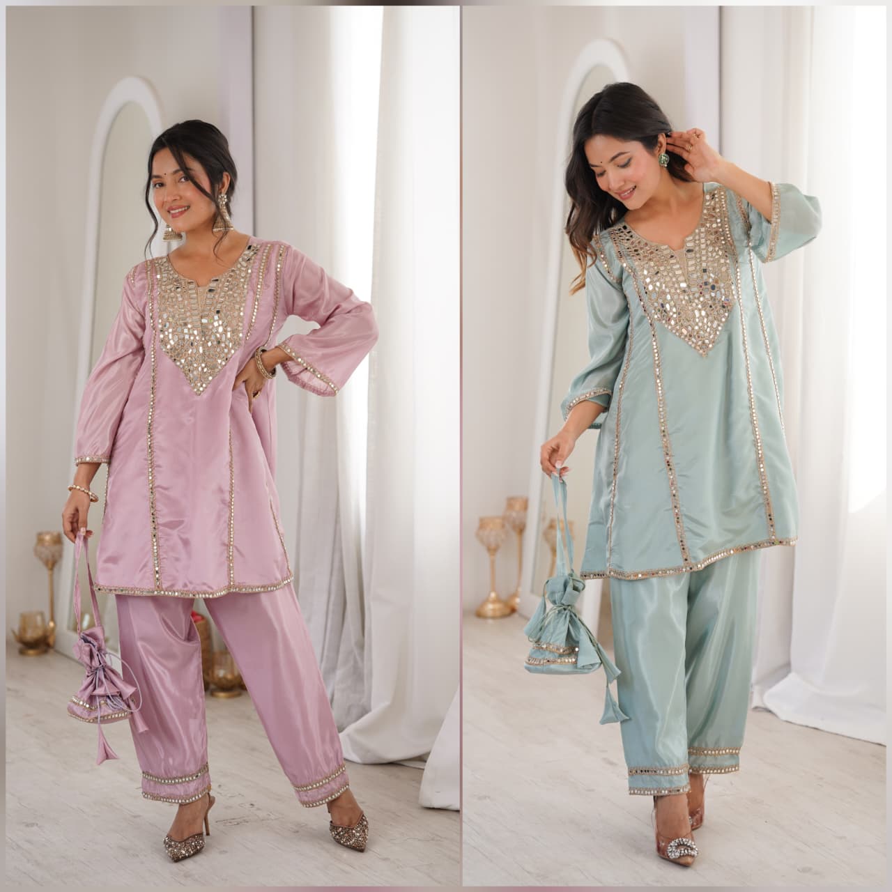 Premium Mirror Embroidered Co-Ord Set with Matching Batwa