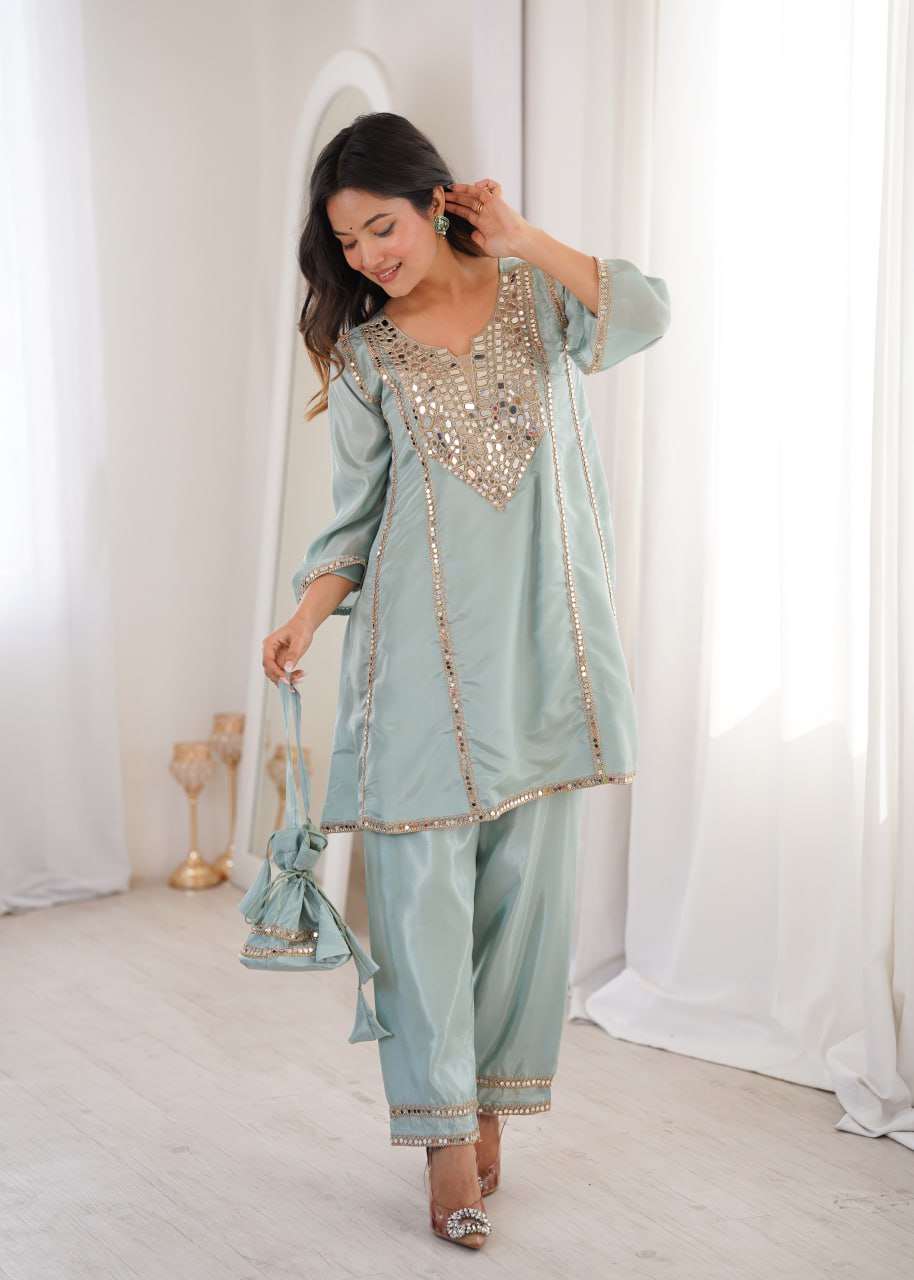 Premium Mirror Embroidered Co-Ord Set with Matching Batwa