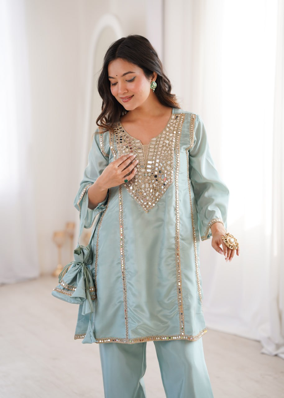 Premium Mirror Embroidered Co-Ord Set with Matching Batwa