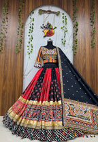 Rangdhara Malai Silk Mirror Work Lehenga Choli with Digital Print, Gota Zari Lace & Handwork Dupatta