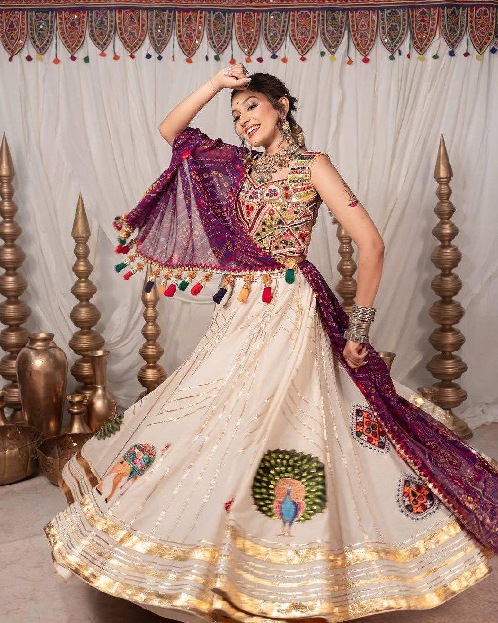 Ishyra Muslin Cotton Digital Print Lehenga with Gota Zari Silk Embroidered Blouse & Georgette Dupatta