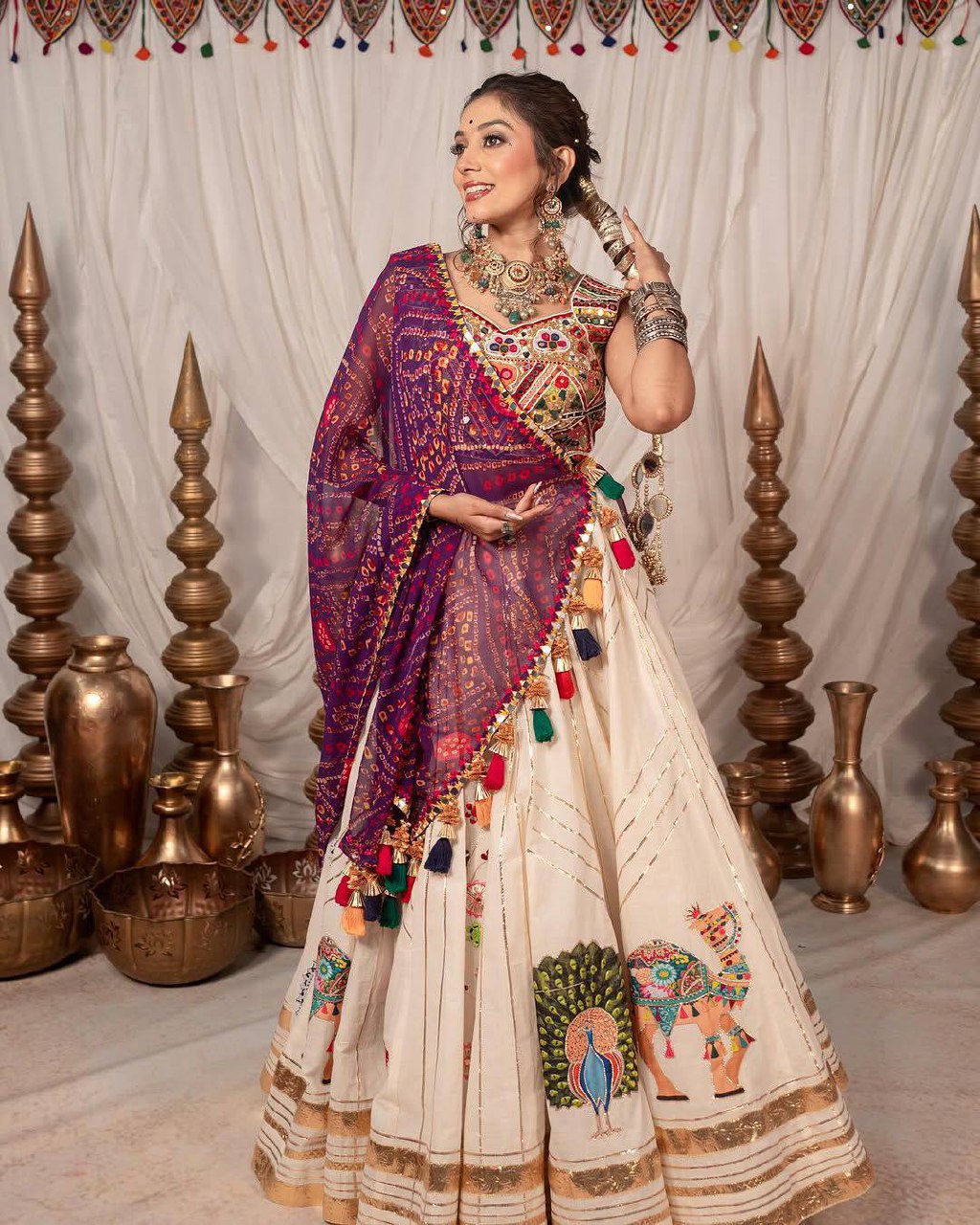 Ishyra Muslin Cotton Digital Print Lehenga with Gota Zari Silk Embroidered Blouse & Georgette Dupatta
