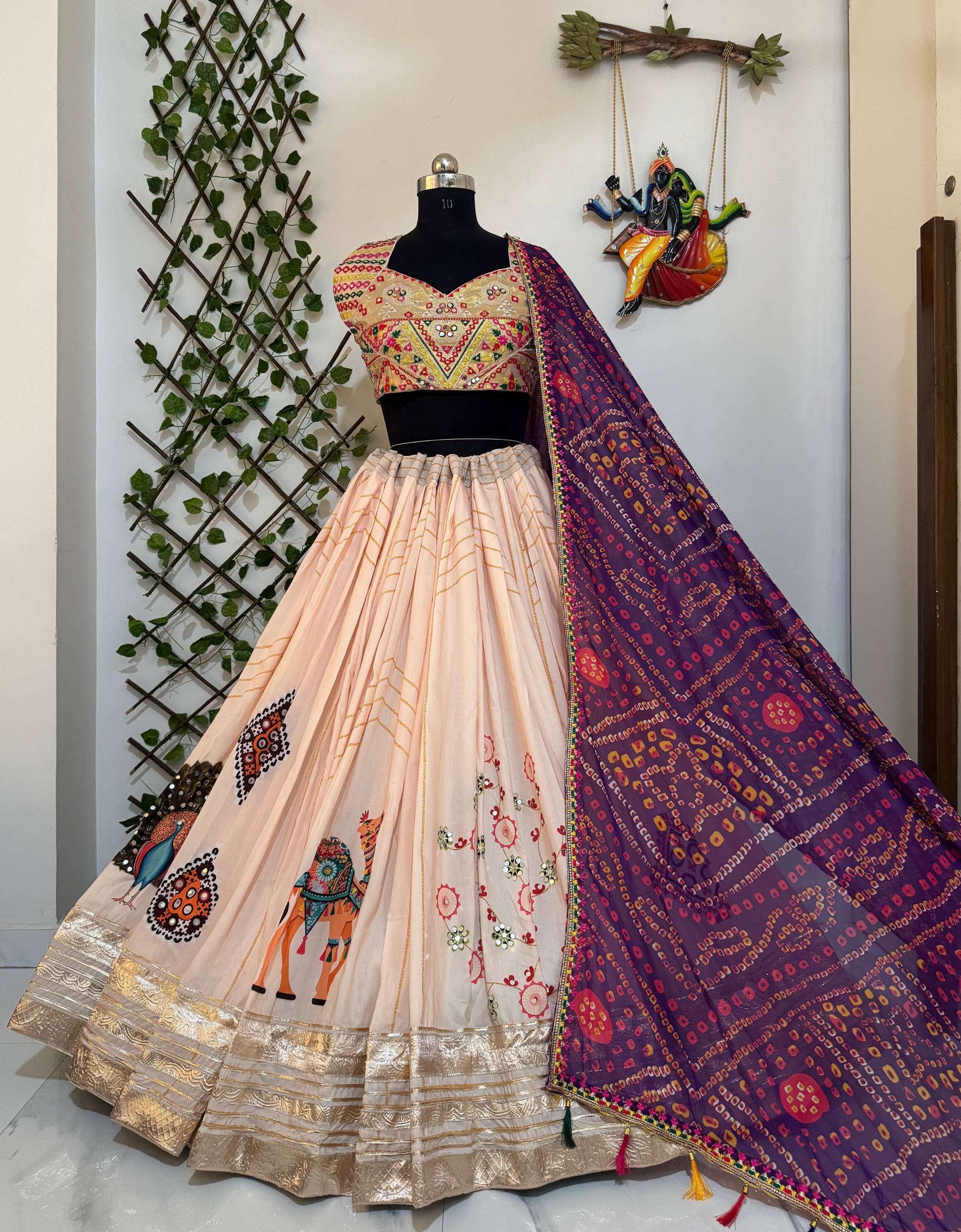 Ishyra Muslin Cotton Digital Print Lehenga with Gota Zari Silk Embroidered Blouse & Georgette Dupatta