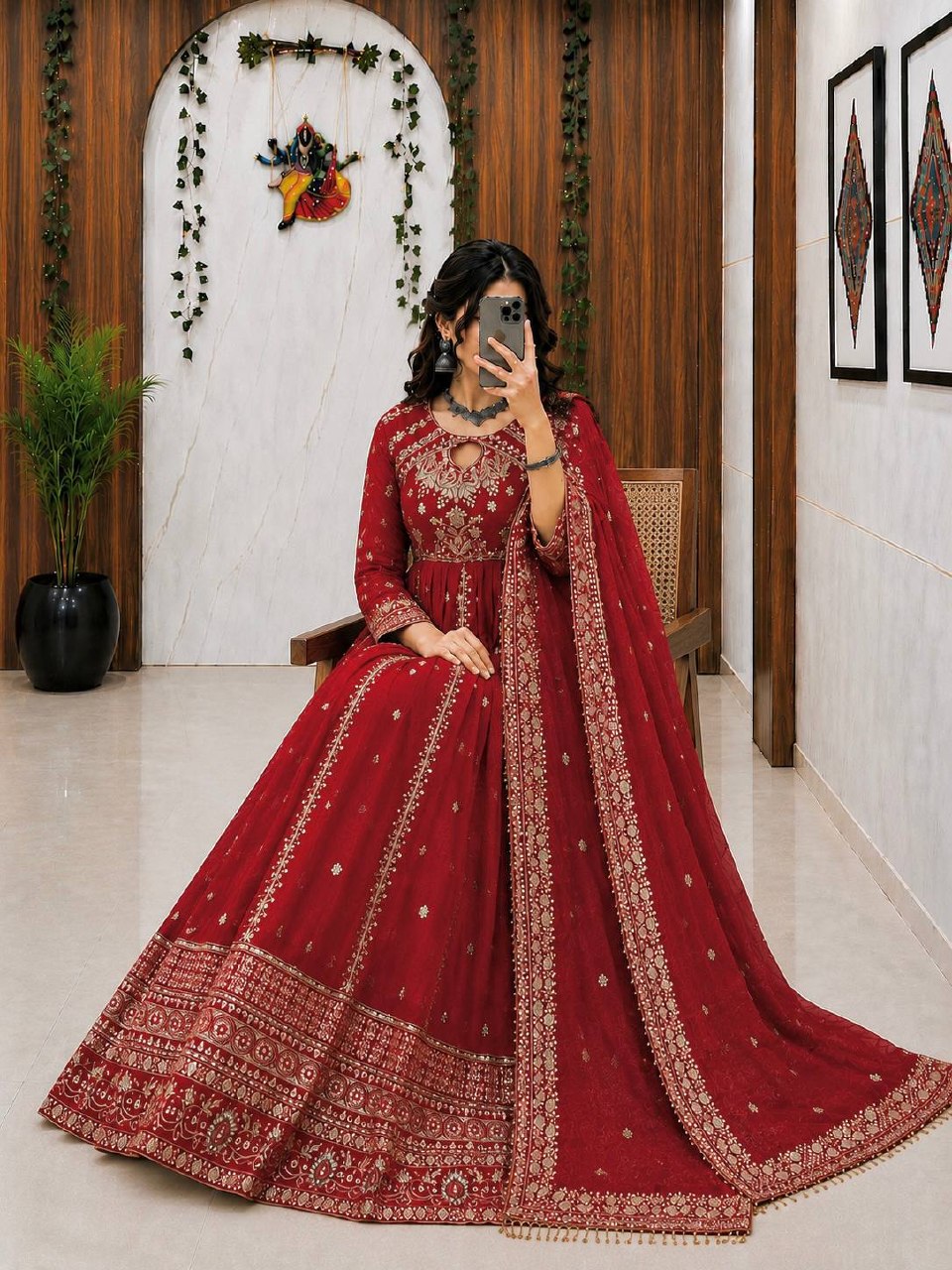 Ishvika Faux Georgette Sequins & Zari Embroidered Gown with Pant & Organza Silk Dupatta Set