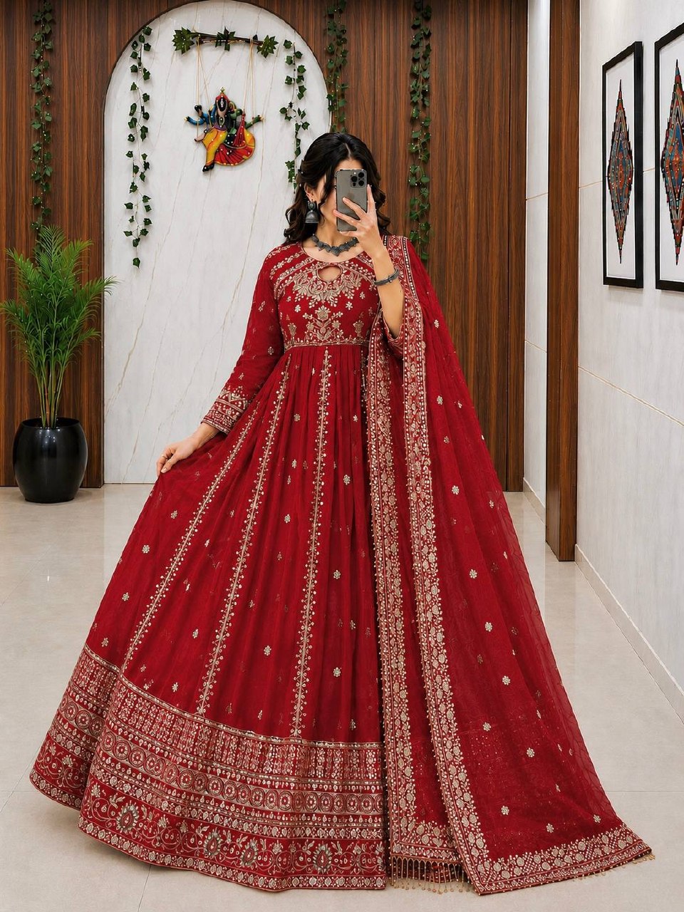 Ishvika Faux Georgette Sequins & Zari Embroidered Gown with Pant & Organza Silk Dupatta Set