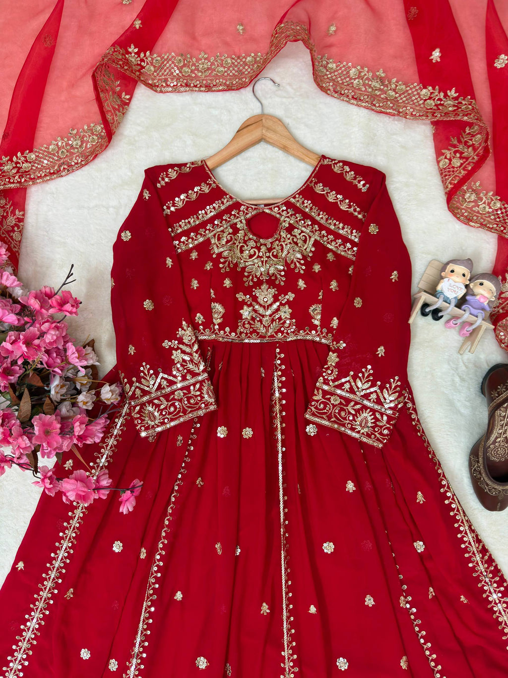 Ishvika Faux Georgette Sequins & Zari Embroidered Gown with Pant & Organza Silk Dupatta Set