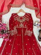Ishvika Faux Georgette Sequins & Zari Embroidered Gown with Pant & Organza Silk Dupatta Set