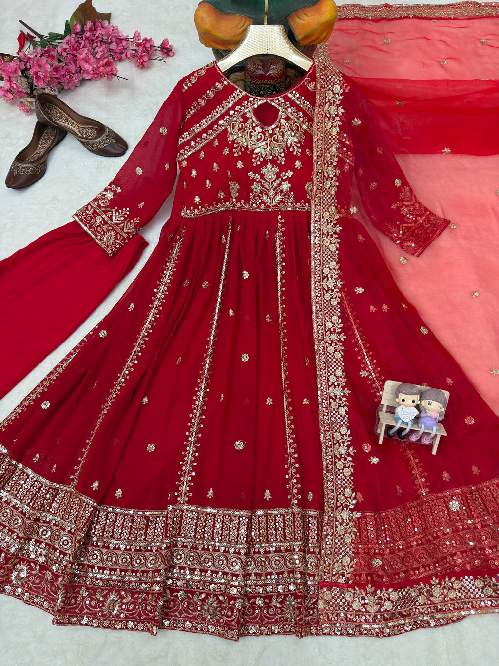 Ishvika Faux Georgette Sequins & Zari Embroidered Gown with Pant & Organza Silk Dupatta Set