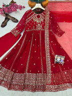 Ishvika Faux Georgette Sequins & Zari Embroidered Gown with Pant & Organza Silk Dupatta Set
