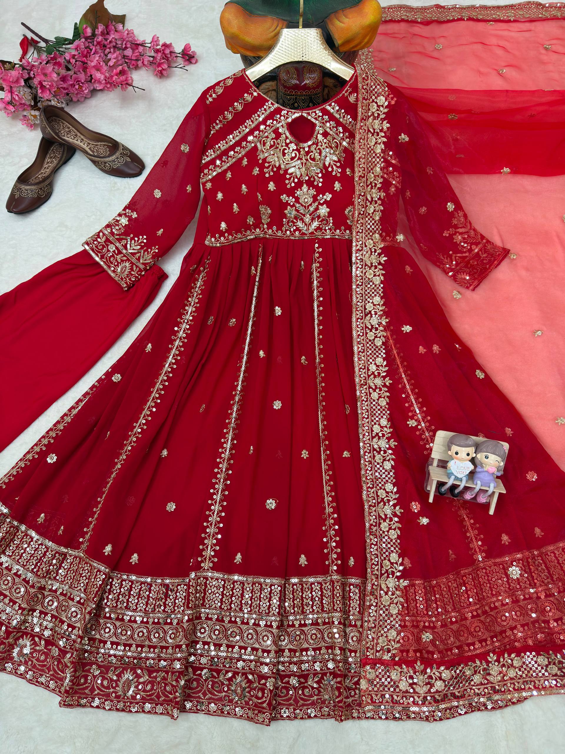 Ishvika Faux Georgette Sequins & Zari Embroidered Gown with Pant & Organza Silk Dupatta Set