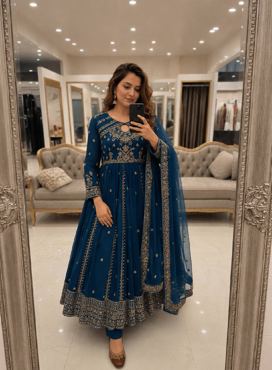 Ishvika Faux Georgette Sequins & Zari Embroidered Gown with Pant & Organza Silk Dupatta Set