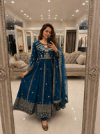 Ishvika Faux Georgette Sequins & Zari Embroidered Gown with Pant & Organza Silk Dupatta Set