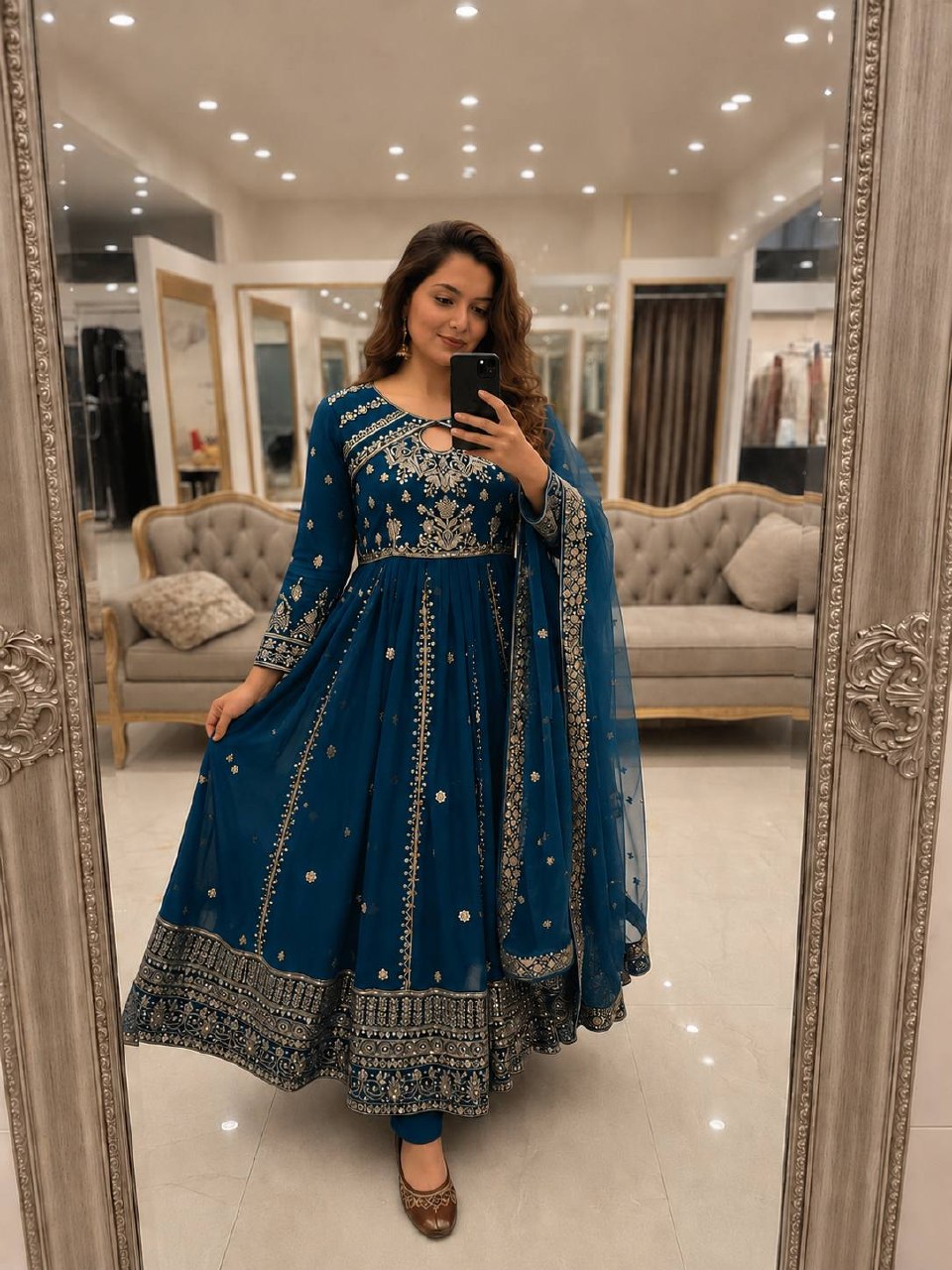 Ishvika Faux Georgette Sequins & Zari Embroidered Gown with Pant & Organza Silk Dupatta Set