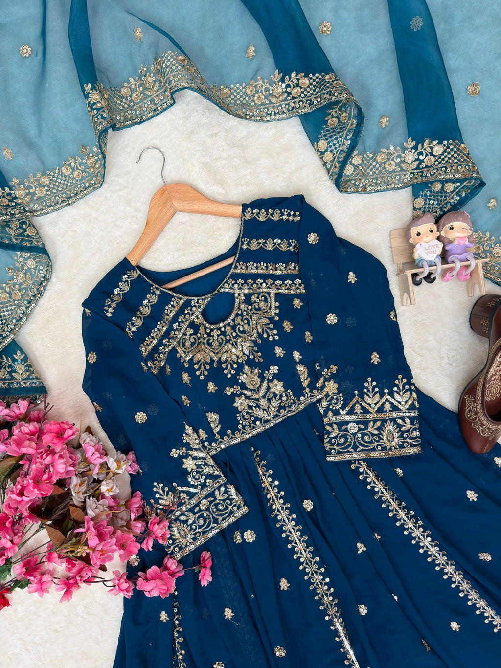 Ishvika Faux Georgette Sequins & Zari Embroidered Gown with Pant & Organza Silk Dupatta Set