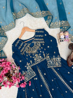 Ishvika Faux Georgette Sequins & Zari Embroidered Gown with Pant & Organza Silk Dupatta Set