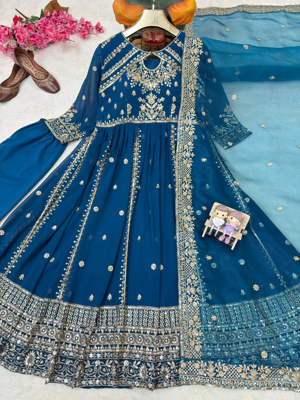 Ishvika Faux Georgette Sequins & Zari Embroidered Gown with Pant & Organza Silk Dupatta Set