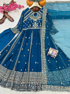 Ishvika Faux Georgette Sequins & Zari Embroidered Gown with Pant & Organza Silk Dupatta Set