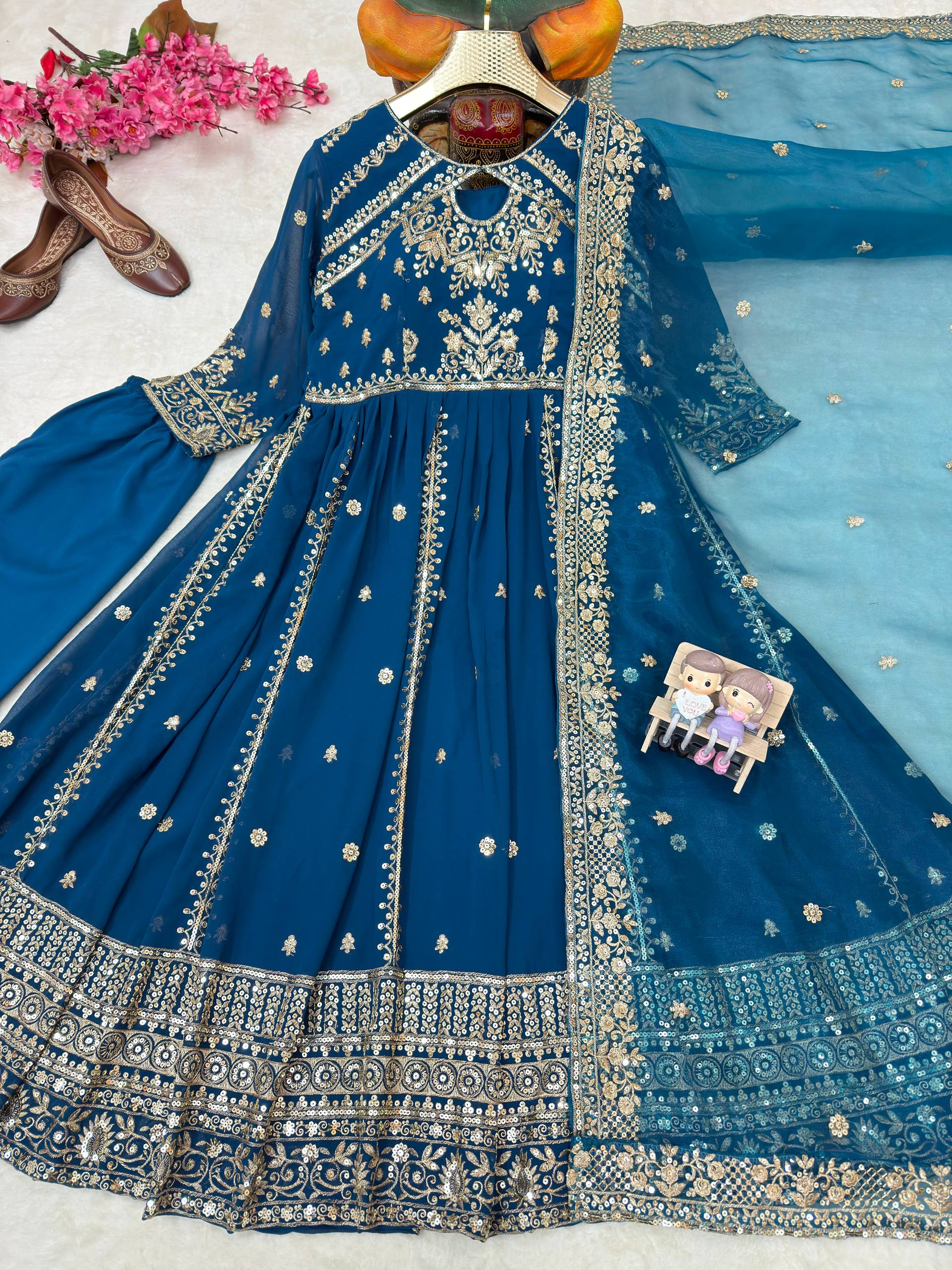 Ishvika Faux Georgette Sequins & Zari Embroidered Gown with Pant & Organza Silk Dupatta Set