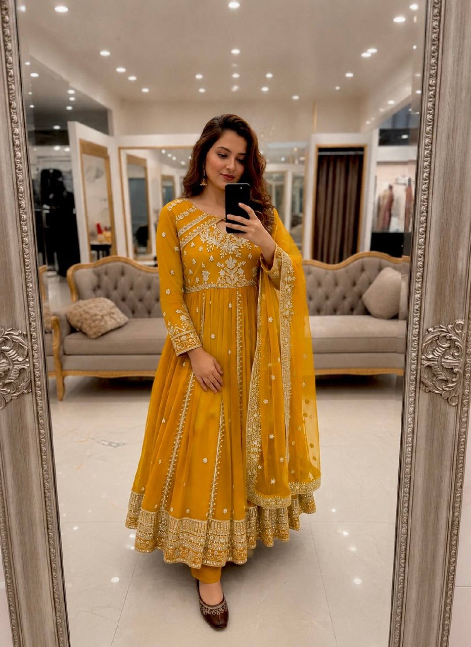 Ishvika Faux Georgette Sequins & Zari Embroidered Gown with Pant & Organza Silk Dupatta Set