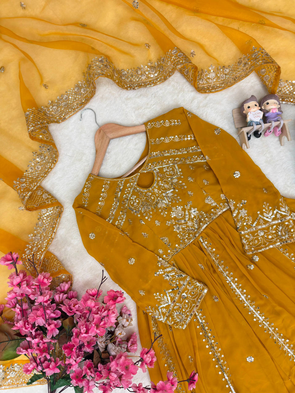 Ishvika Faux Georgette Sequins & Zari Embroidered Gown with Pant & Organza Silk Dupatta Set