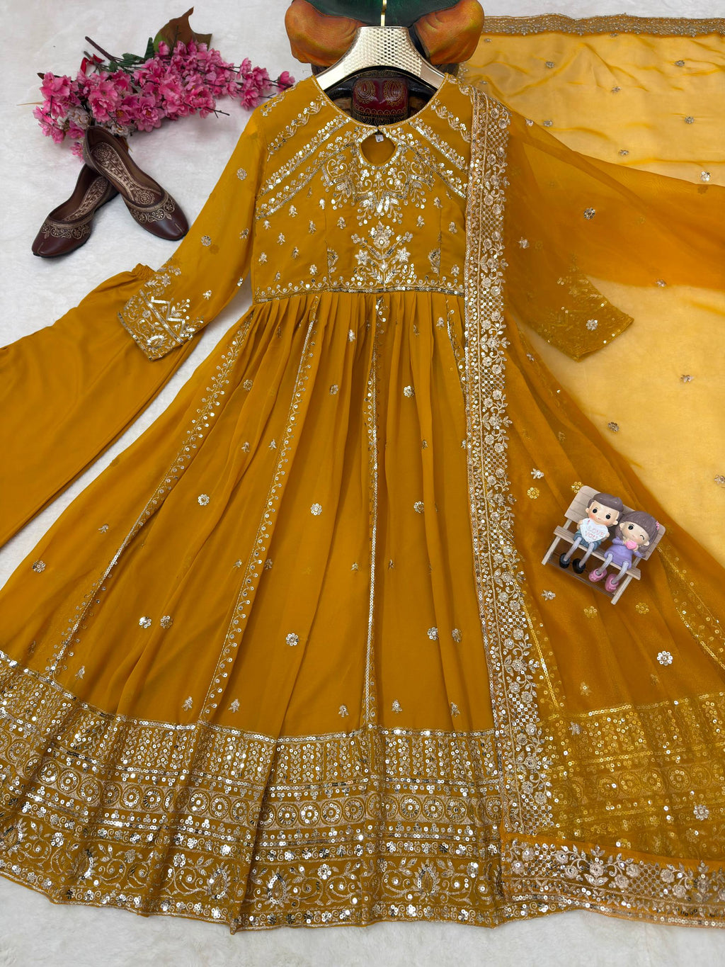 Ishvika Faux Georgette Sequins & Zari Embroidered Gown with Pant & Organza Silk Dupatta Set