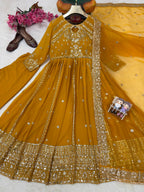 Ishvika Faux Georgette Sequins & Zari Embroidered Gown with Pant & Organza Silk Dupatta Set