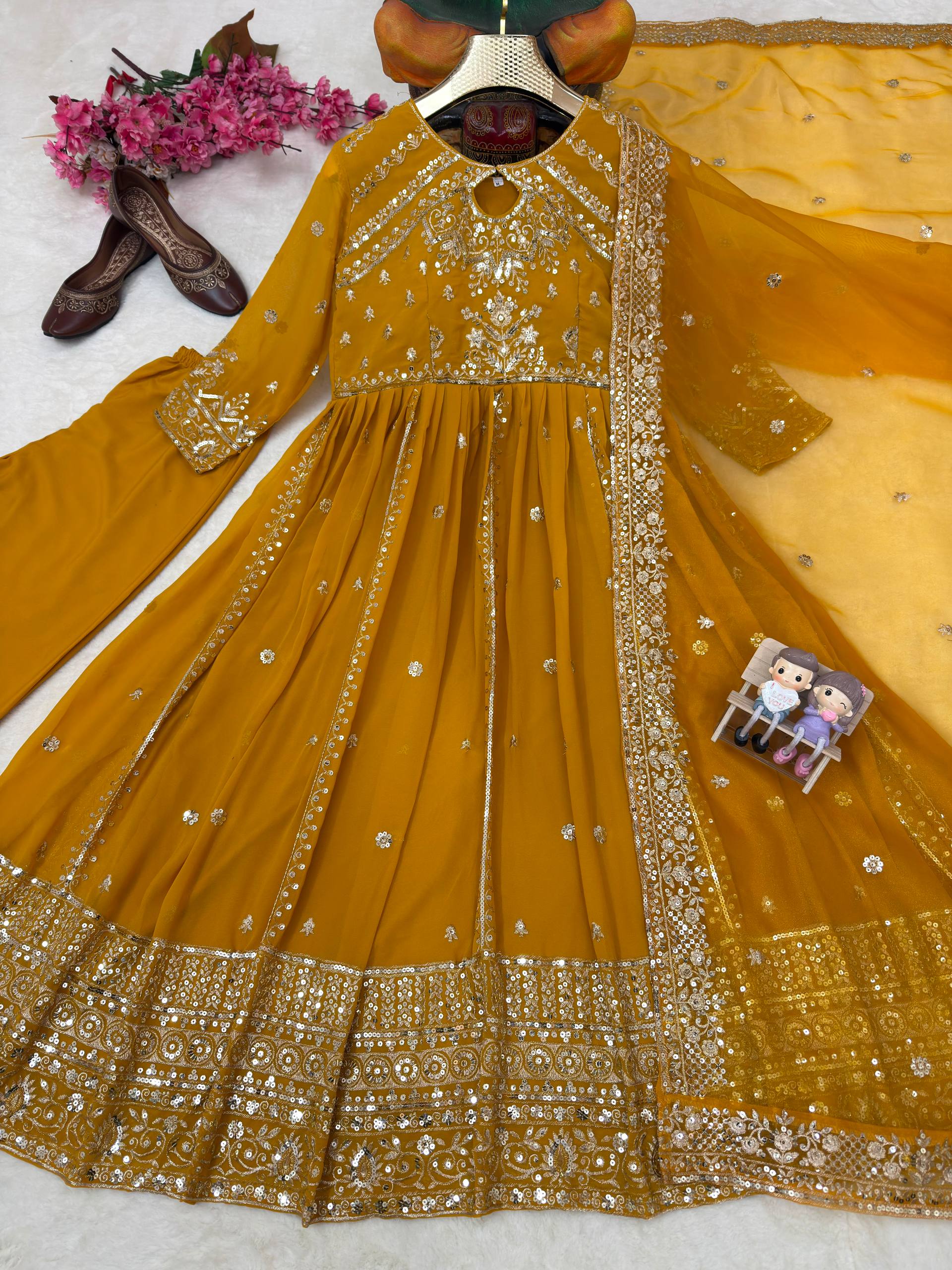 Ishvika Faux Georgette Sequins & Zari Embroidered Gown with Pant & Organza Silk Dupatta Set