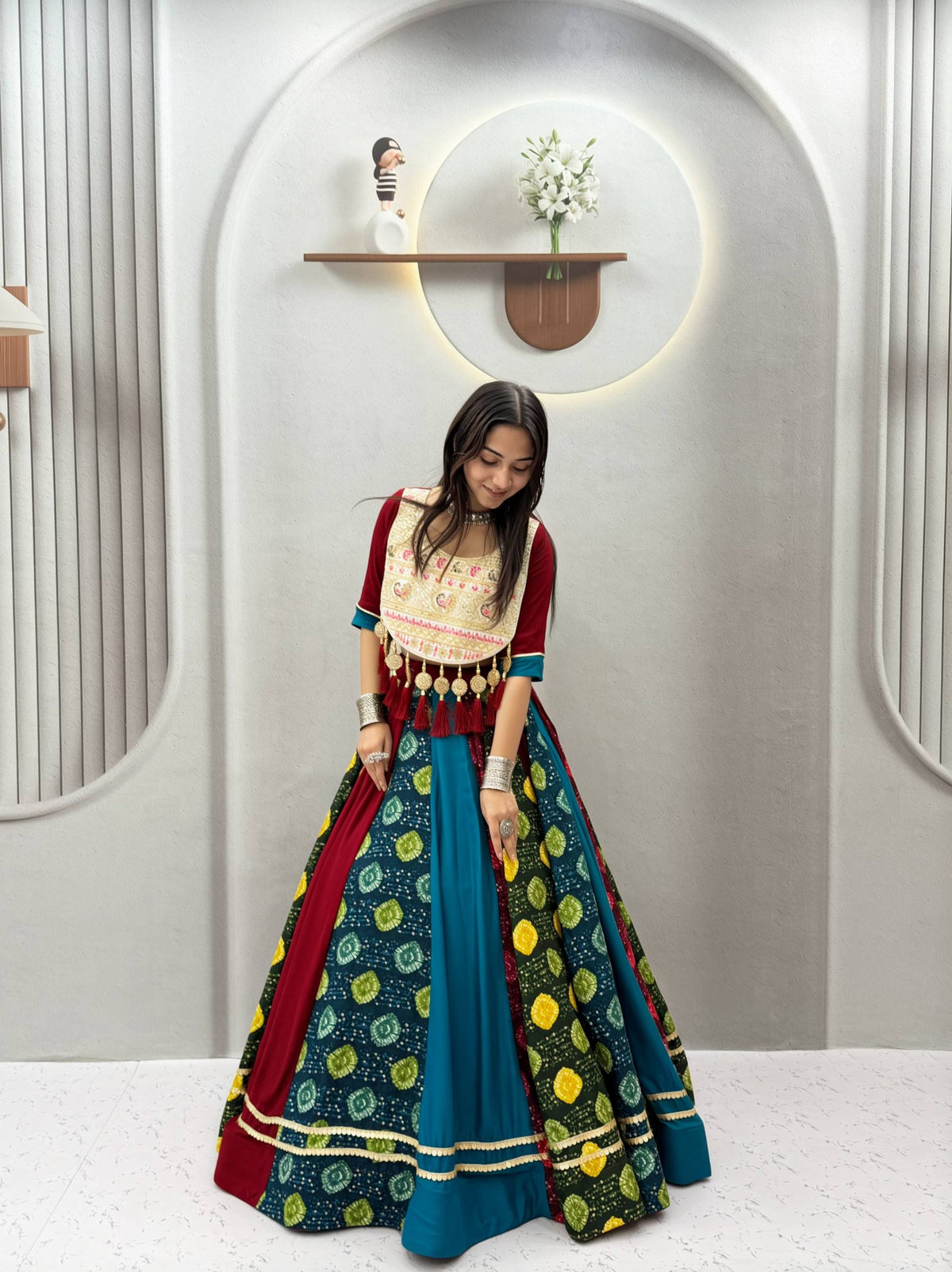 Mehr Navratri Pure Cotton Multi Print Lehenga Choli with Heavy Embroidery, Handcrafted Latkan