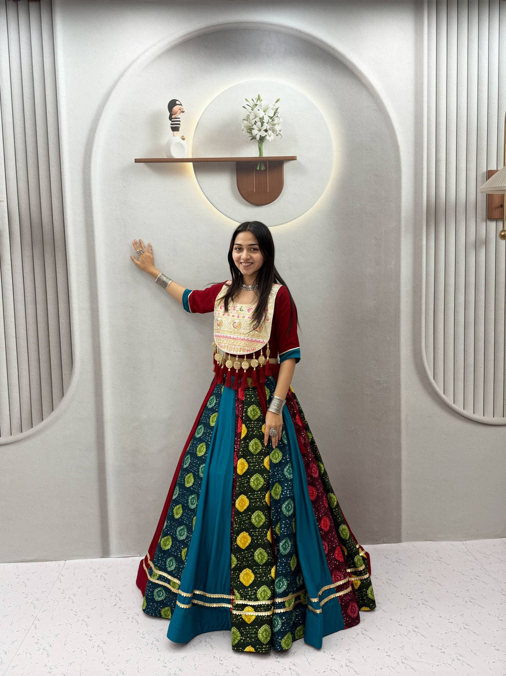 Mehr Navratri Pure Cotton Multi Print Lehenga Choli with Heavy Embroidery, Handcrafted Latkan