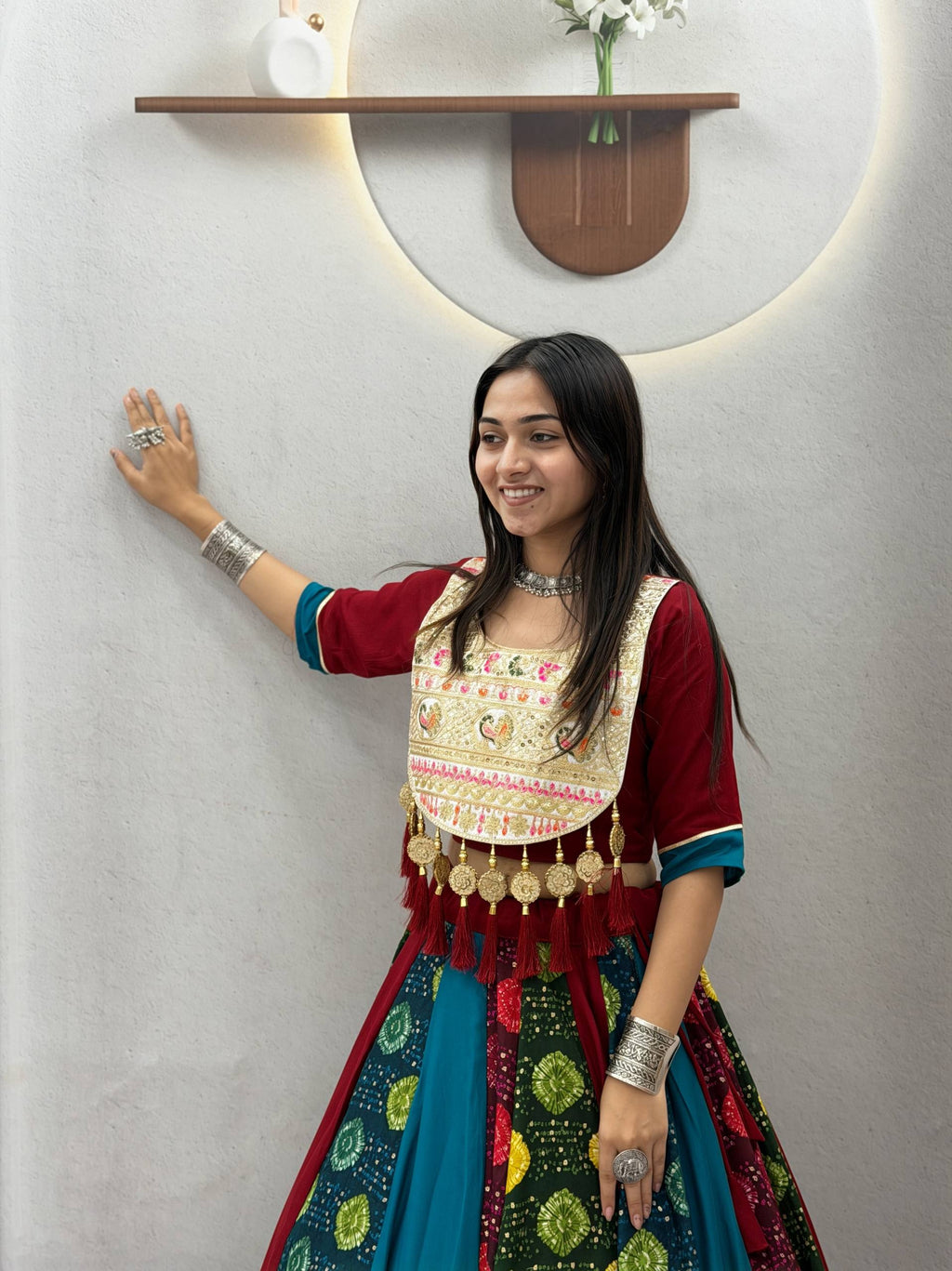 Mehr Navratri Pure Cotton Multi Print Lehenga Choli with Heavy Embroidery, Handcrafted Latkan