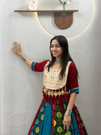 Mehr Navratri Pure Cotton Multi Print Lehenga Choli with Heavy Embroidery, Handcrafted Latkan