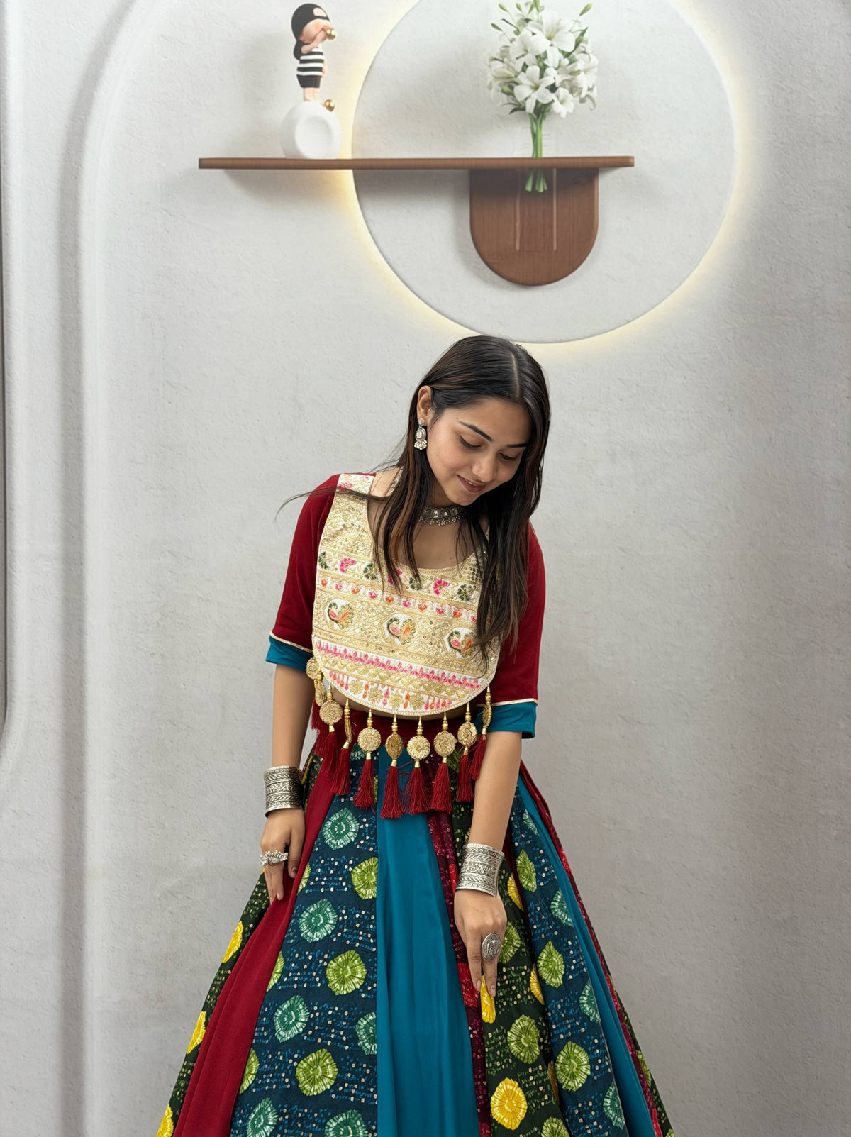 Mehr Navratri Pure Cotton Multi Print Lehenga Choli with Heavy Embroidery, Handcrafted Latkan
