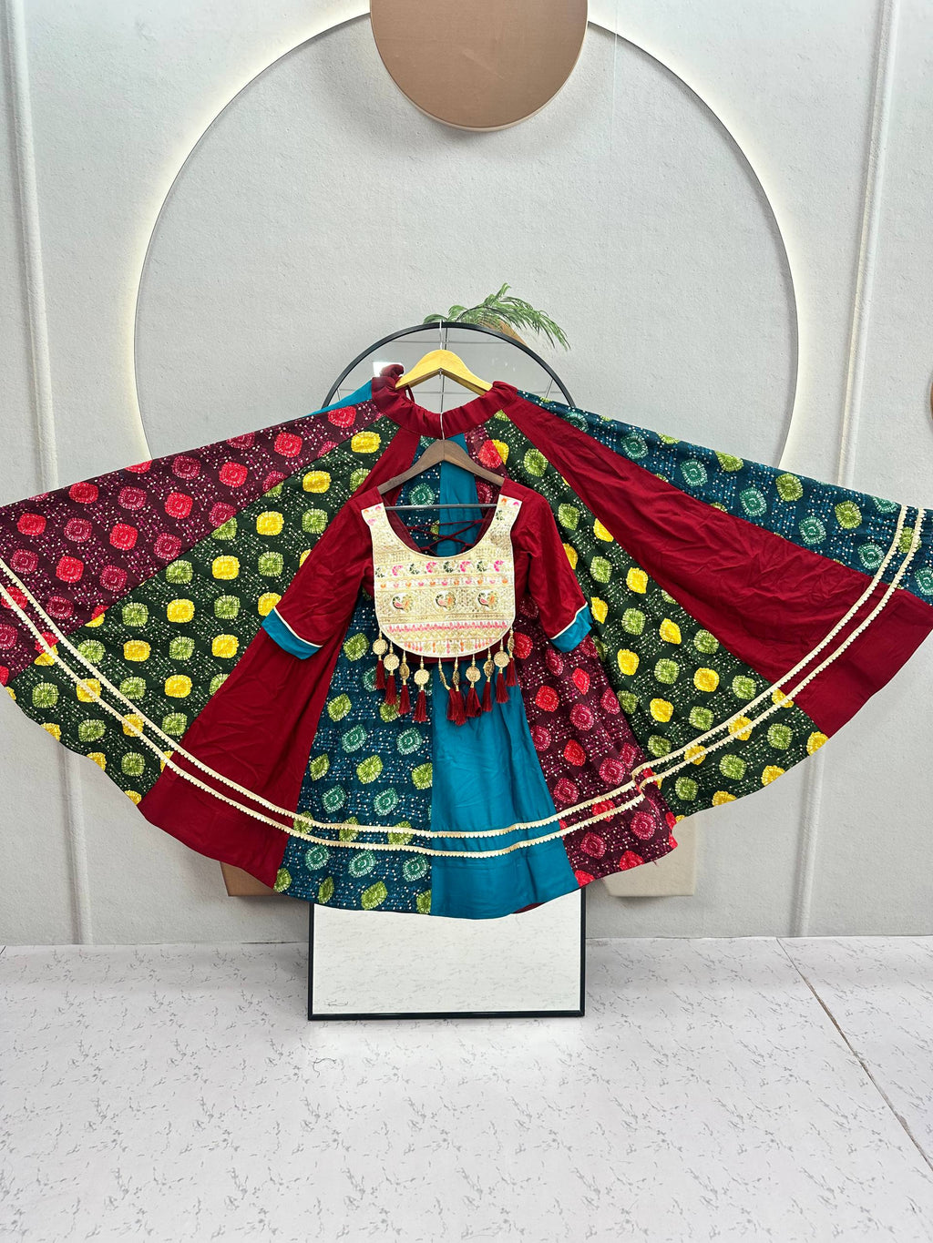 Mehr Navratri Pure Cotton Multi Print Lehenga Choli with Heavy Embroidery, Handcrafted Latkan