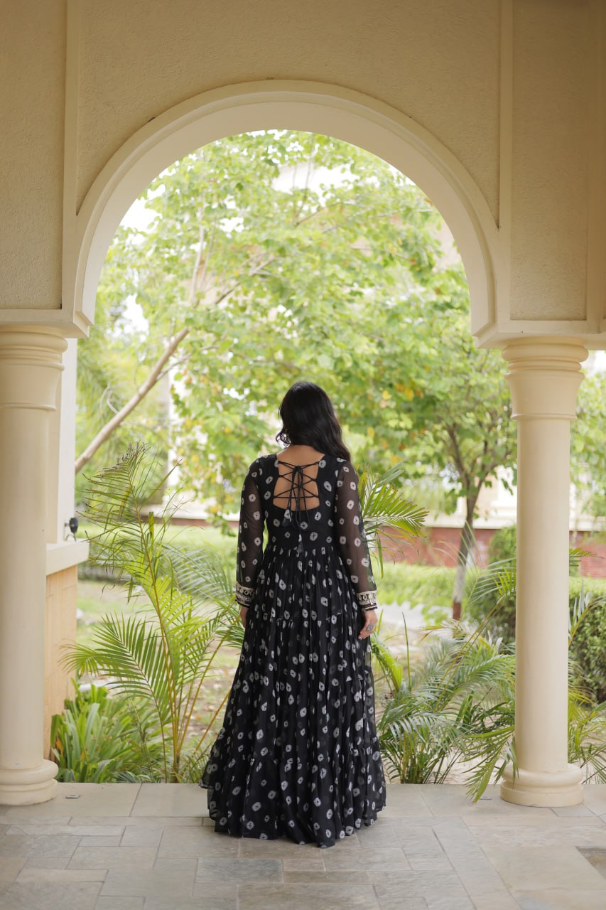 Sitara Navratri 2026 Bandhani Print Faux Georgette Gown with Kutchi Patchwork & 12 Meter Flair