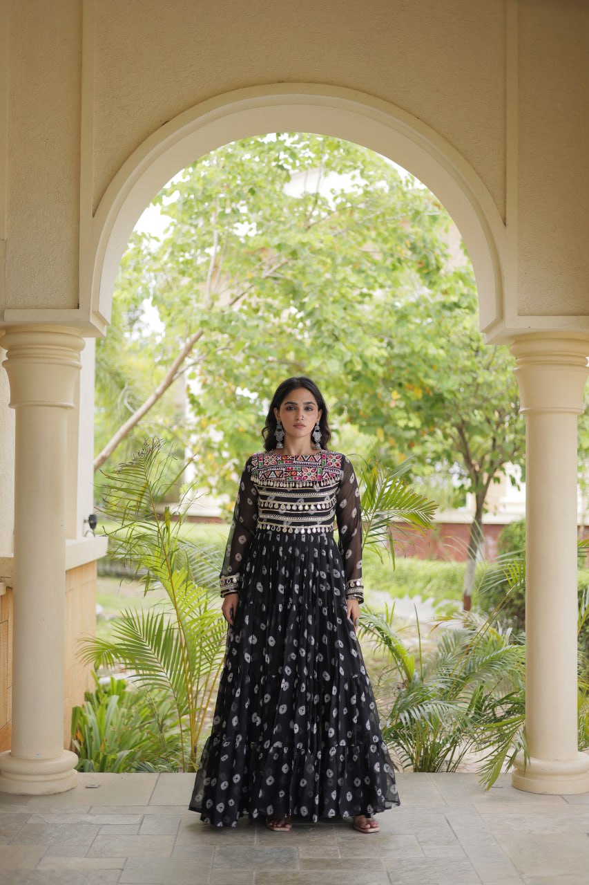 Sitara Navratri 2026 Bandhani Print Faux Georgette Gown with Kutchi Patchwork & 12 Meter Flair