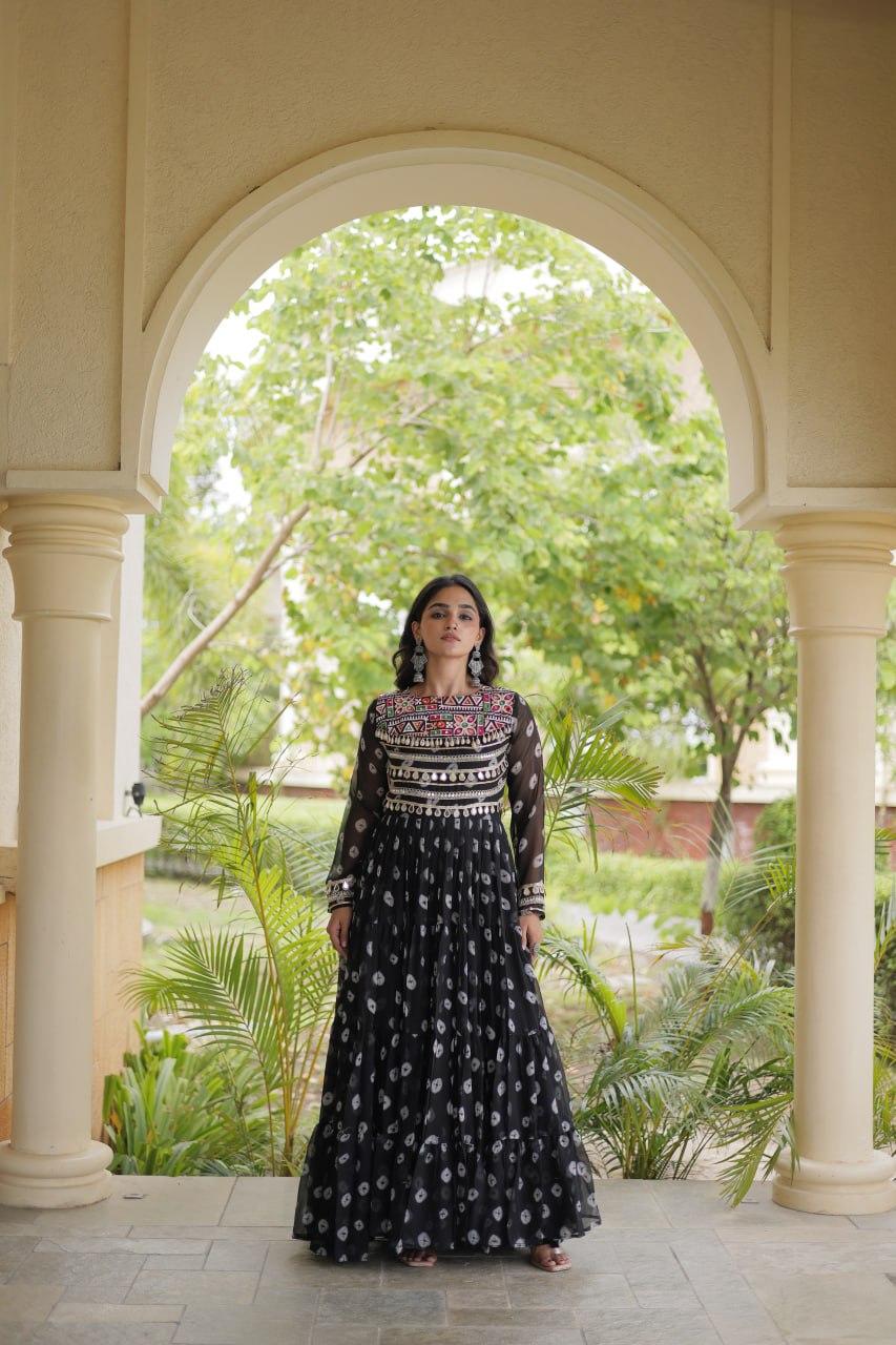 Sitara Navratri 2026 Bandhani Print Faux Georgette Gown with Kutchi Patchwork & 12 Meter Flair