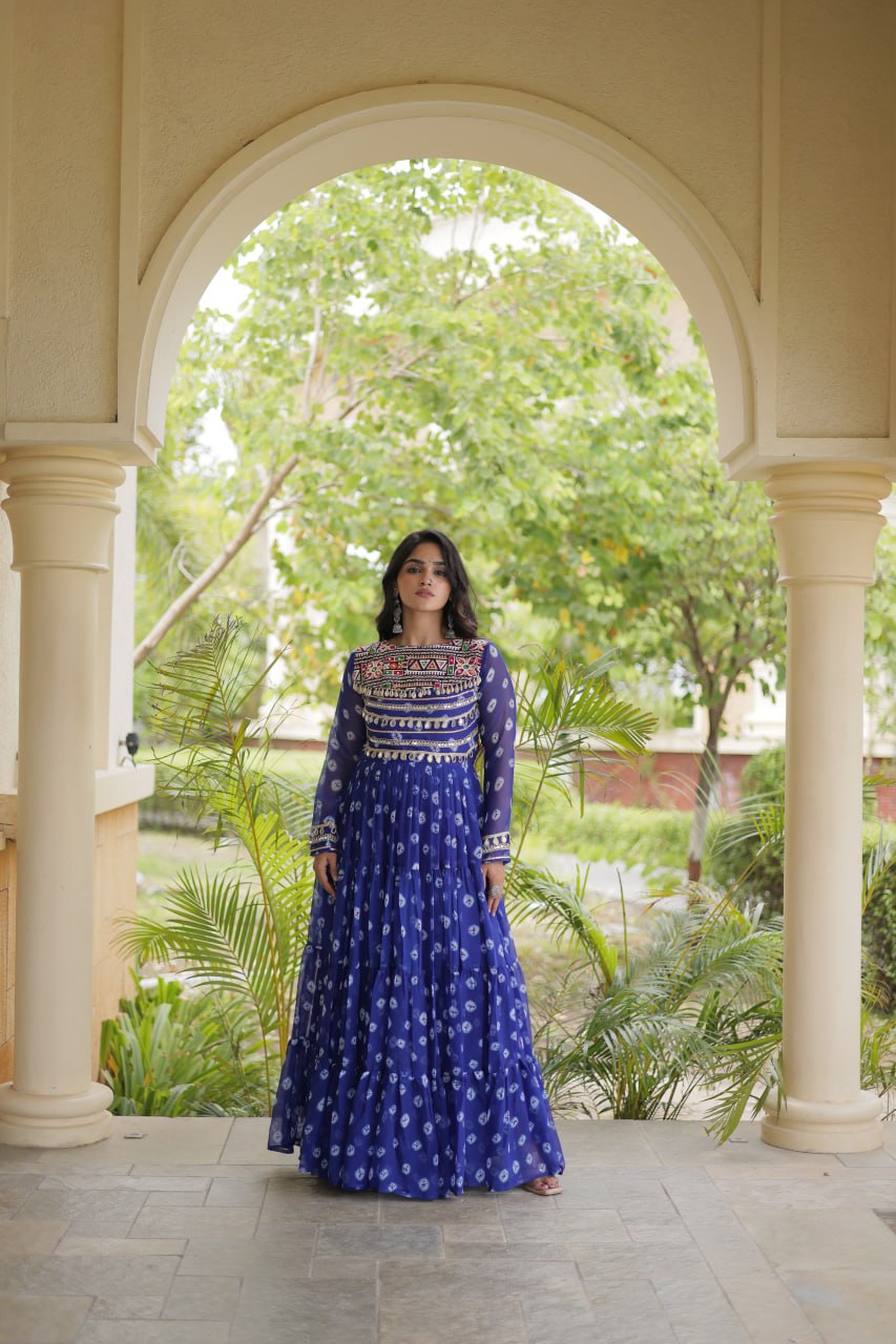 Sitara Navratri 2026 Bandhani Print Faux Georgette Gown with Kutchi Patchwork & 12 Meter Flair