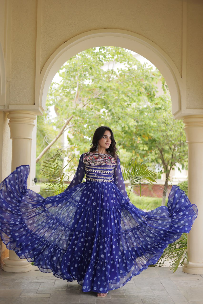 Sitara Navratri 2026 Bandhani Print Faux Georgette Gown with Kutchi Patchwork & 12 Meter Flair