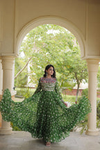 Sitara Navratri 2026 Bandhani Print Faux Georgette Gown with Kutchi Patchwork & 12 Meter Flair