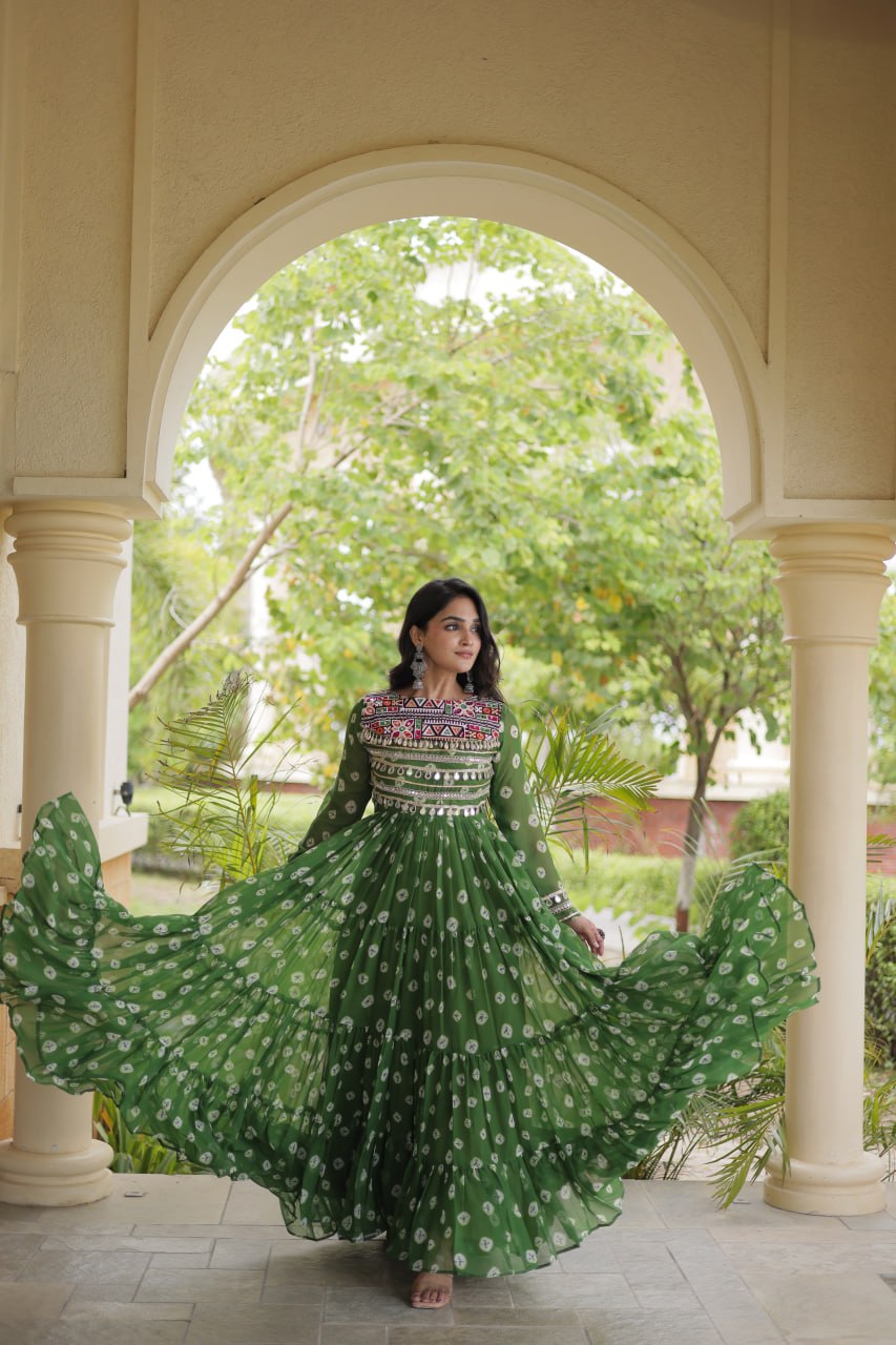 Sitara Navratri 2026 Bandhani Print Faux Georgette Gown with Kutchi Patchwork & 12 Meter Flair