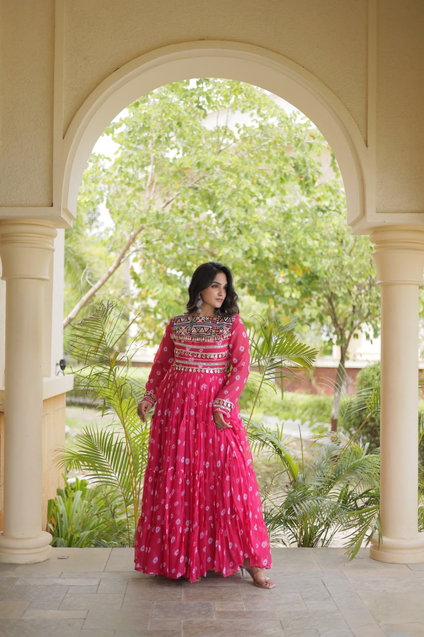 Sitara Navratri 2026 Bandhani Print Faux Georgette Gown with Kutchi Patchwork & 12 Meter Flair