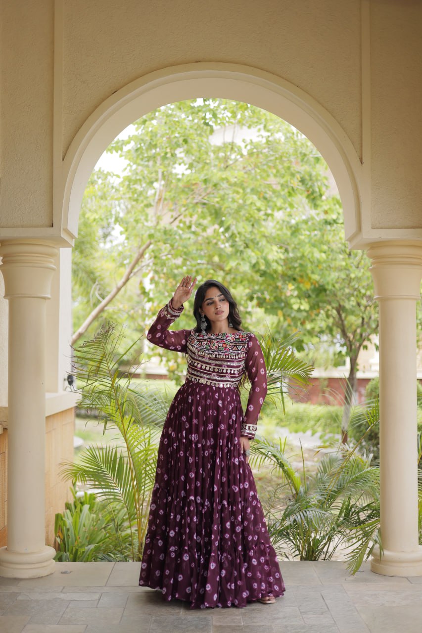 Sitara Navratri 2026 Bandhani Print Faux Georgette Gown with Kutchi Patchwork & 12 Meter Flair