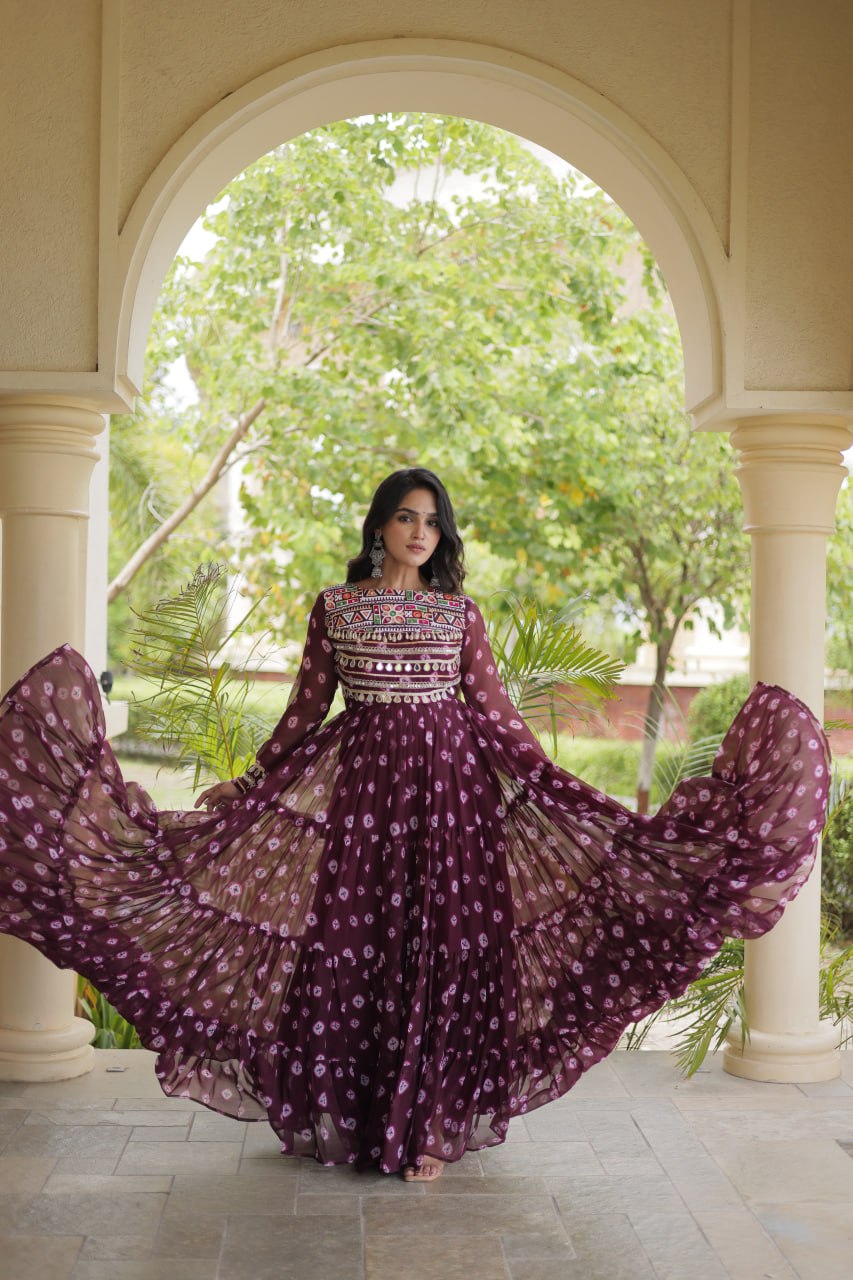 Sitara Navratri 2026 Bandhani Print Faux Georgette Gown with Kutchi Patchwork & 12 Meter Flair
