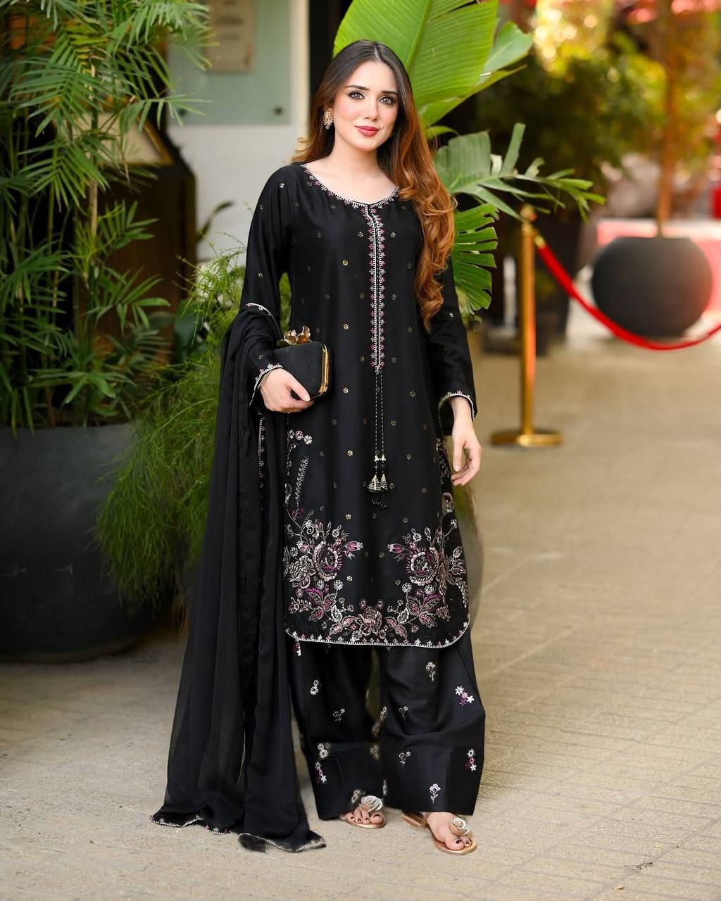 Avelina Heavy Satin Glass Thread Embroidered Farshi Pant Suit with Dupatta
